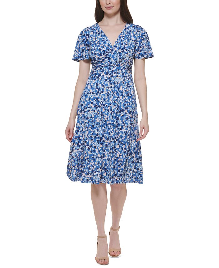Jessica Howard Women's Printed Ruched-Waist Flutter-Sleeve Dress - Macy's