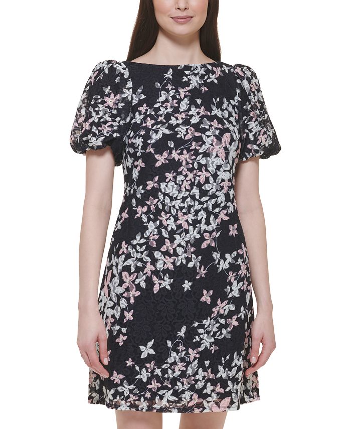 Jessica Howard Women's Floral-Print Puff-Sleeve Lace Sheath Dress ...