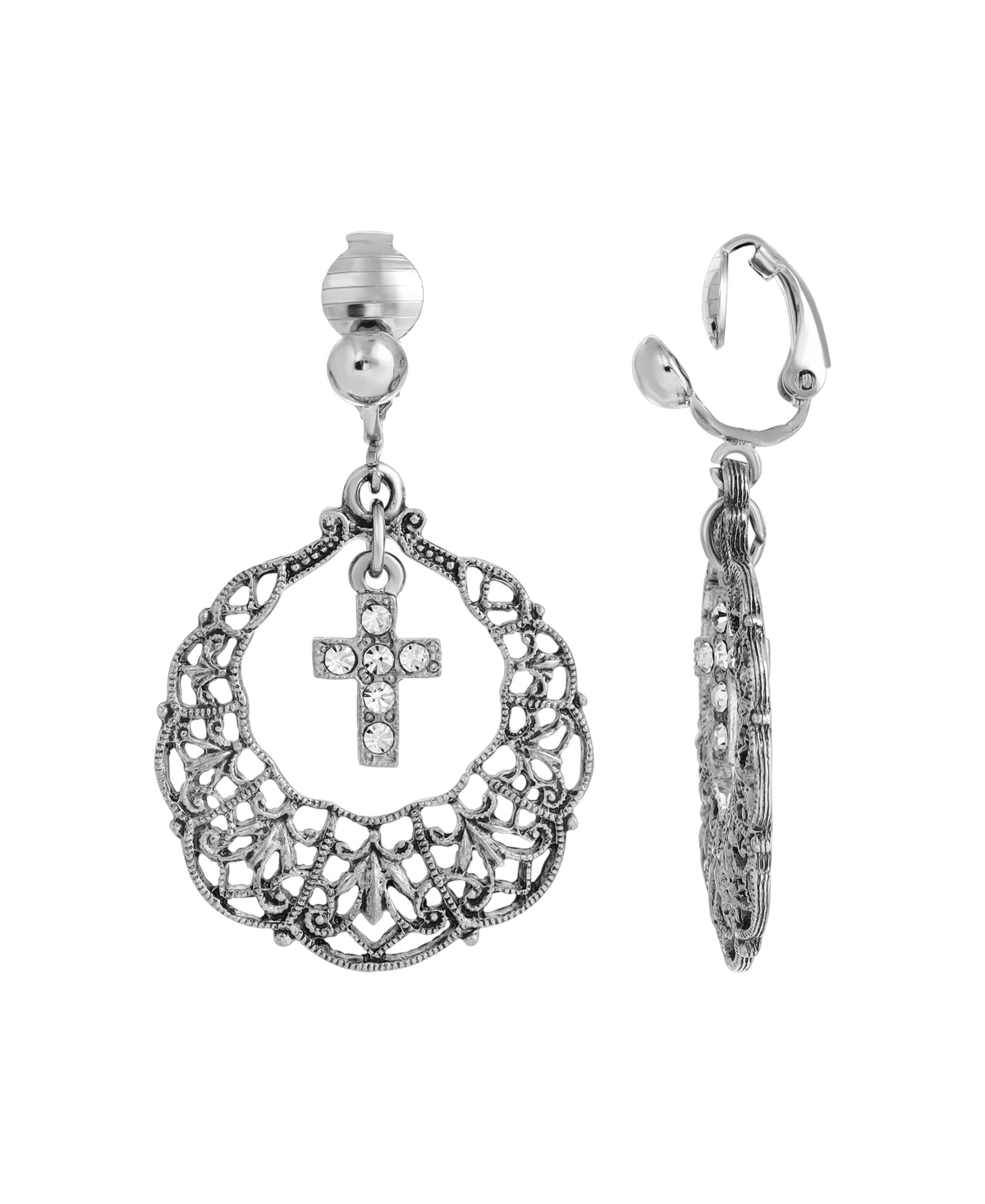 Symbols Of Faith Gold-tone Crystal Cross Clip Earrings In Silver-tone