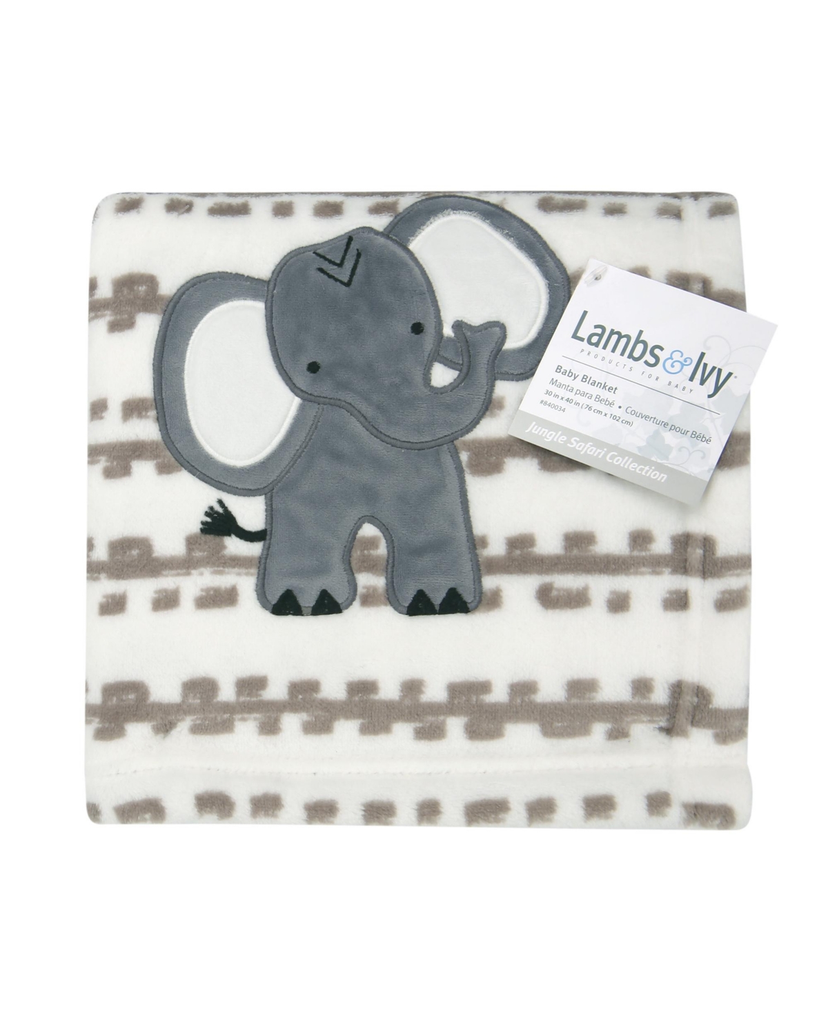 Lambs & Ivy Jungle SafariTan Plush Minky Elephant Nursery Baby Blanket - White