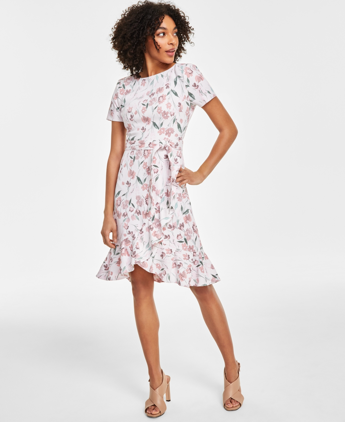 Calvin Klein Floral Short Sleeve Ruffle Hem Dress In Blush Multi