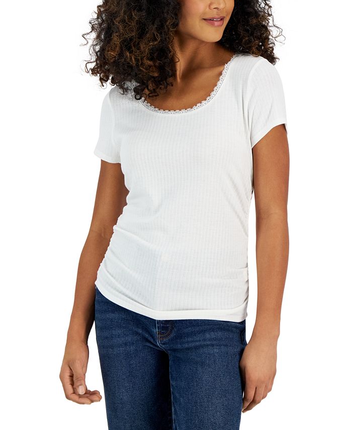 Printed One Shoulder Ruched Lace Trim T-Shirts