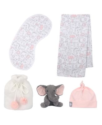 Lambs  Ivy 5 Piece Pink/Gray Plush Infant/Newborn Baby Gift Bag w/ Swaddle