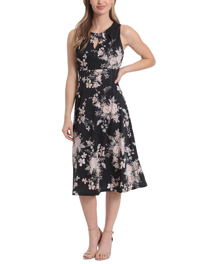 London Times Women's Floral Print Pleated Keyhole Neck Midi Dress Blue Size 8