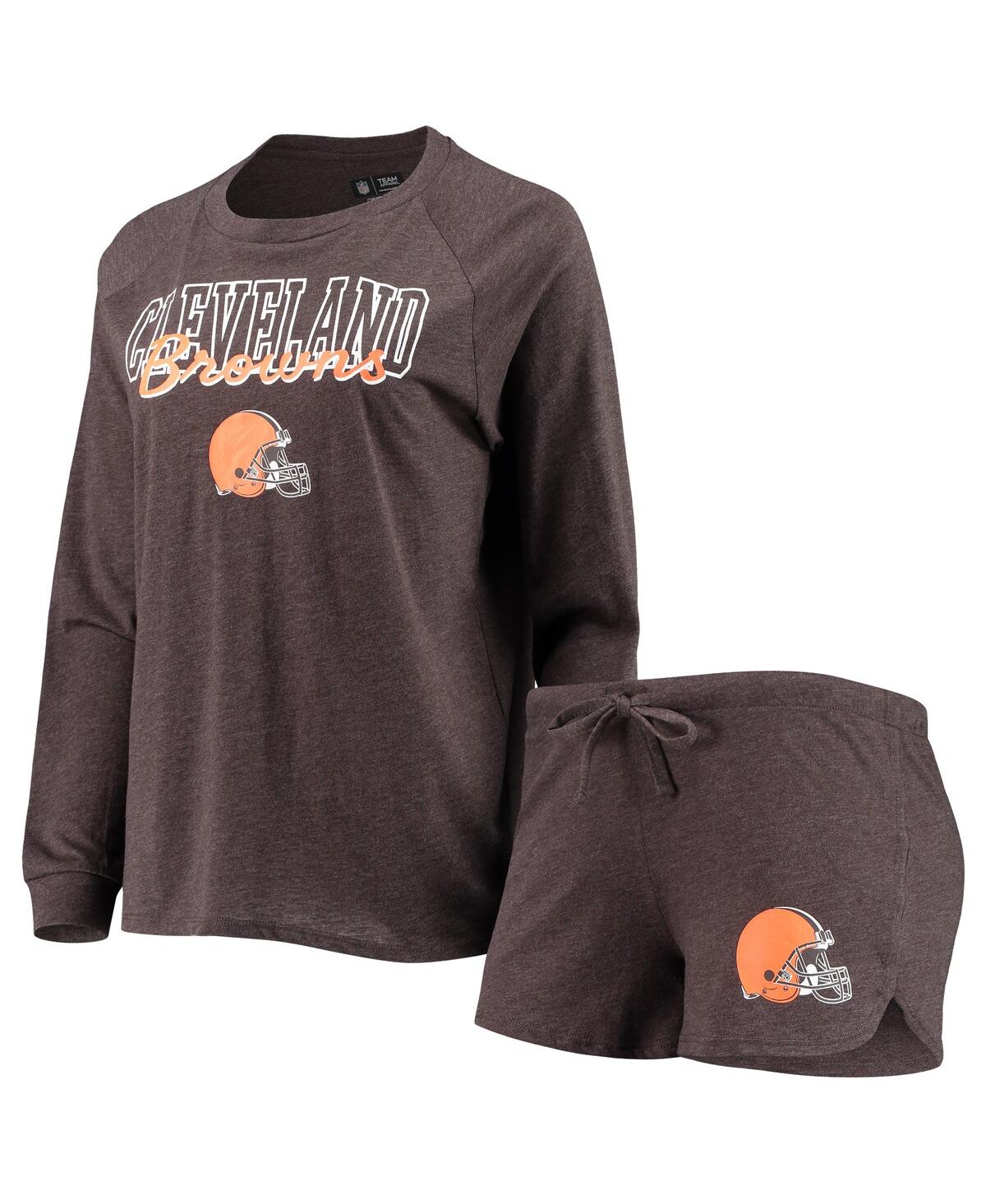 Women's Concepts Sport Brown Cleveland Browns Meter Knit Long Sleeve Raglan Top and Shorts Sleep Set - Brown