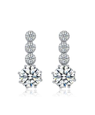 Sterling Silver with Rhodium Plated Clear Round Cubic Zirconia Tier Drop Earrings