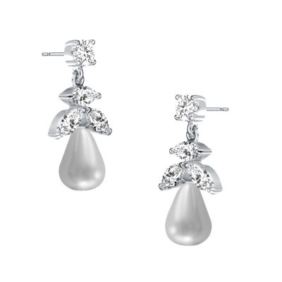 Sterling Silver with Rhodium Plated White Round Freshwater Pearl with Marquise and Round Cubic Zirconia Earrings