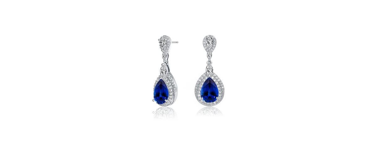 Dazzling Rhodium-Plated Double Halo Dangle Earrings with Clear Pear, Marquise, and Round Cubic Zirconia - Sapphire