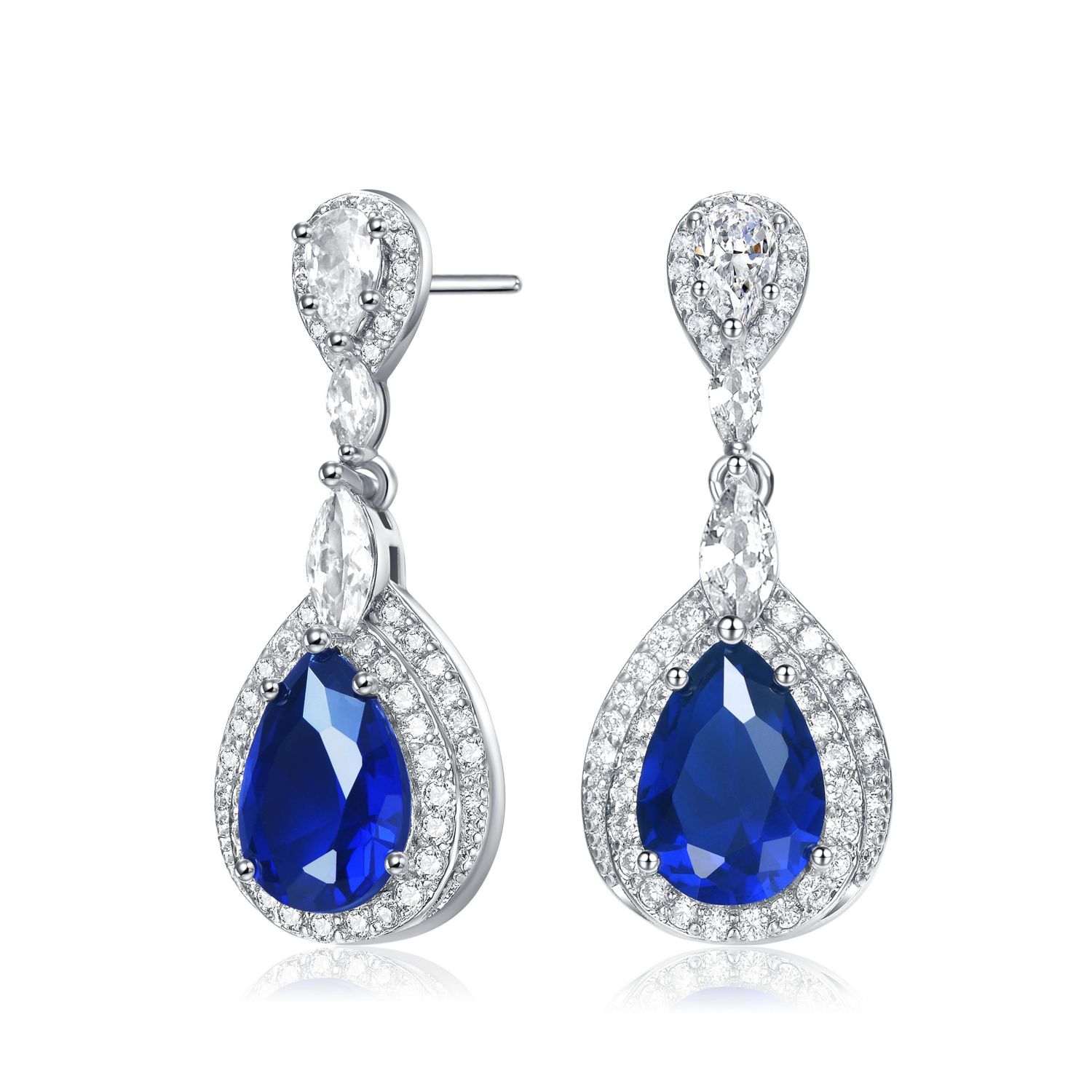 Dazzling White Gold Plated CZ Double Halo Drop Earrings