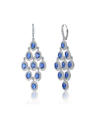 Elegant Chandelier Earrings in Sterling Silver with Rhodium Plating, Featuring Green Round Cubic Zirconia