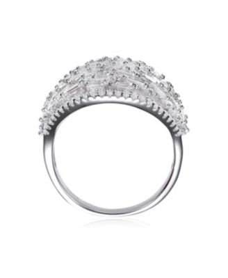 Sterling Silver White Gold Plated Clear Round and Green Cubic Zirconia Cluster Dome Ring