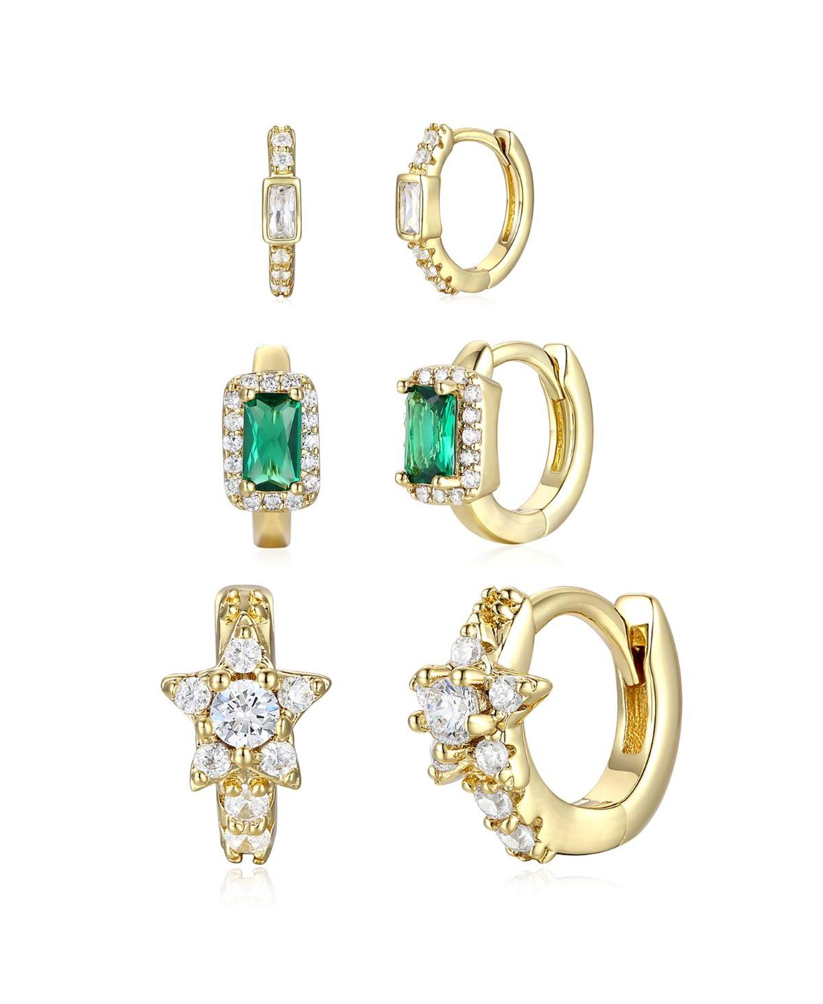 14k Gold Plated with Emerald & Cubic Zirconia Halo Star 3-Piece Hoop Earrings Set - Emerald