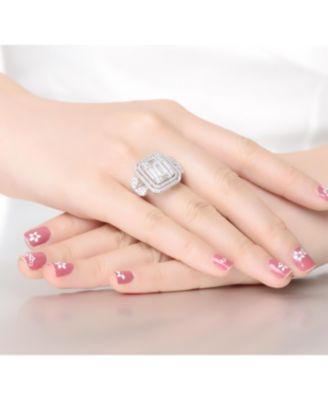 Sterling Silver White Gold Plated Clear Baguette and Round Cubic Zirconia's Double Halo Clustered Cocktail Ring