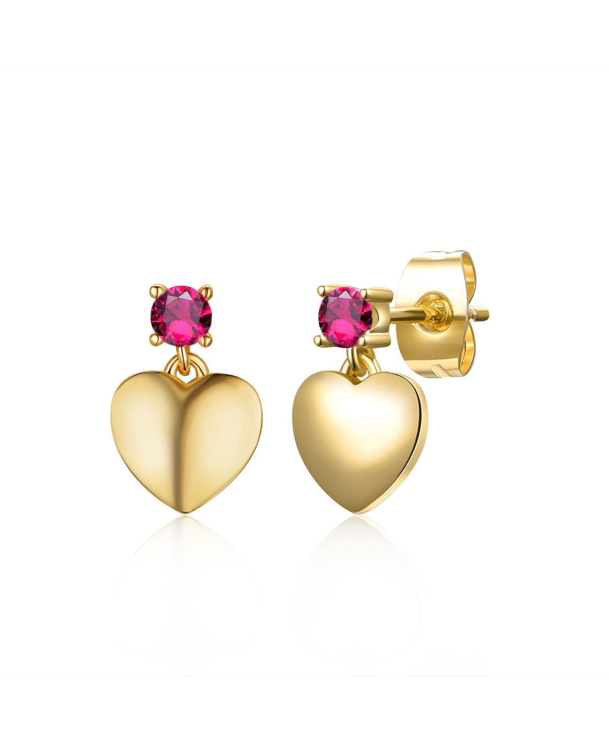 14k Yellow Gold Plated Cubic Zirconia Heart Dangle Earrings - Ruby