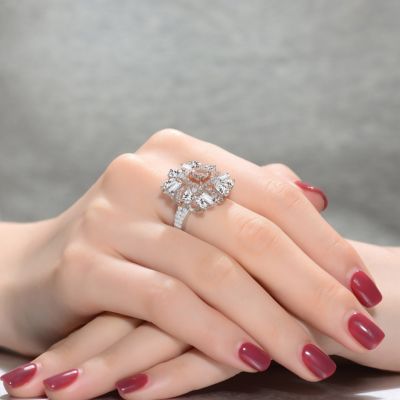Sterling Silver White Gold and Rose Gold Plated with Pink and Clear Cubic Zirconia Cluster Ring