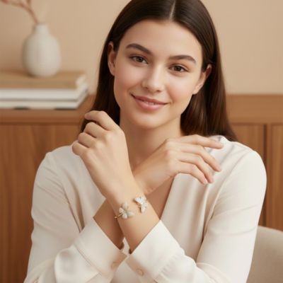 Teens 14k Gold Plated Pave Butterfly Open Cuff Bangle Bracelet