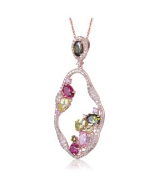 Sterling Silver 18K Rose Plated Multi Color Cubic Zirconia Assymetrical Spring Ring Pendant Necklace