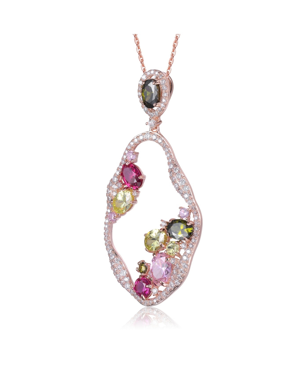 Genevive Sterling Silver 18K Rose Plated Multi Color Cubic Zirconia Assymetrical Spring Ring Pendant Necklace