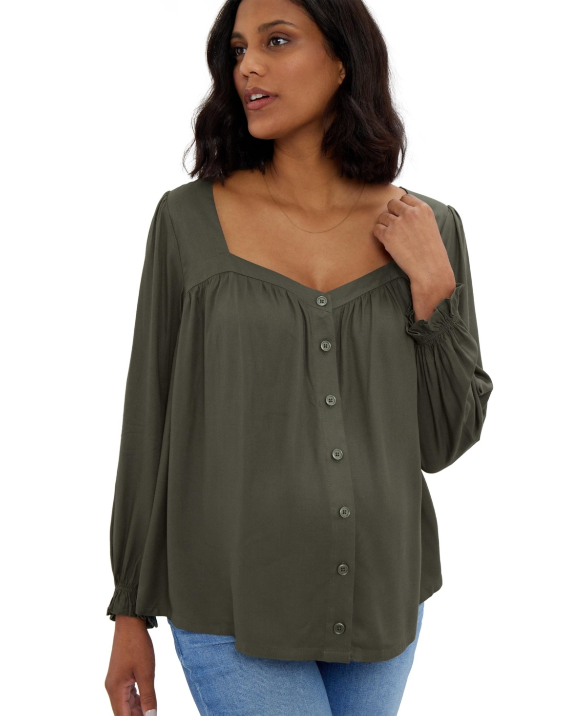 Ingrid & Isabel Button Front Sweetheart Top In Olive