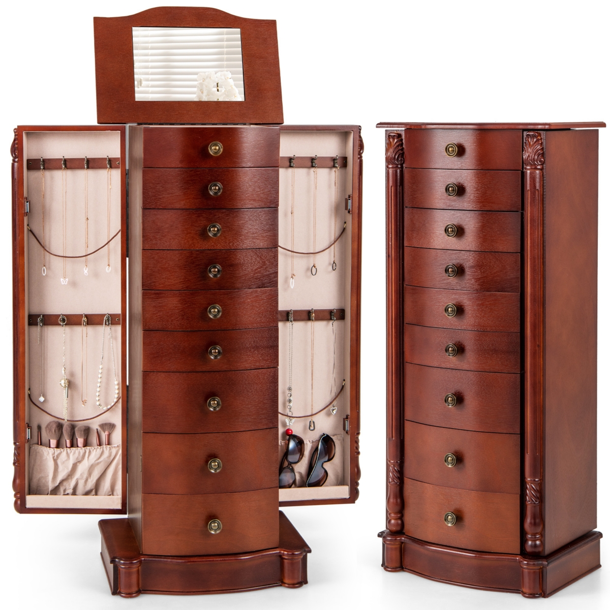 Wood Jewelry Cabinet Storage Chest Stand Organizer - Brown