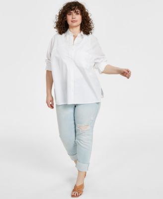 And Now This Now This Trendy Plus Size Oversized Shirt Ripped Straight Jeans