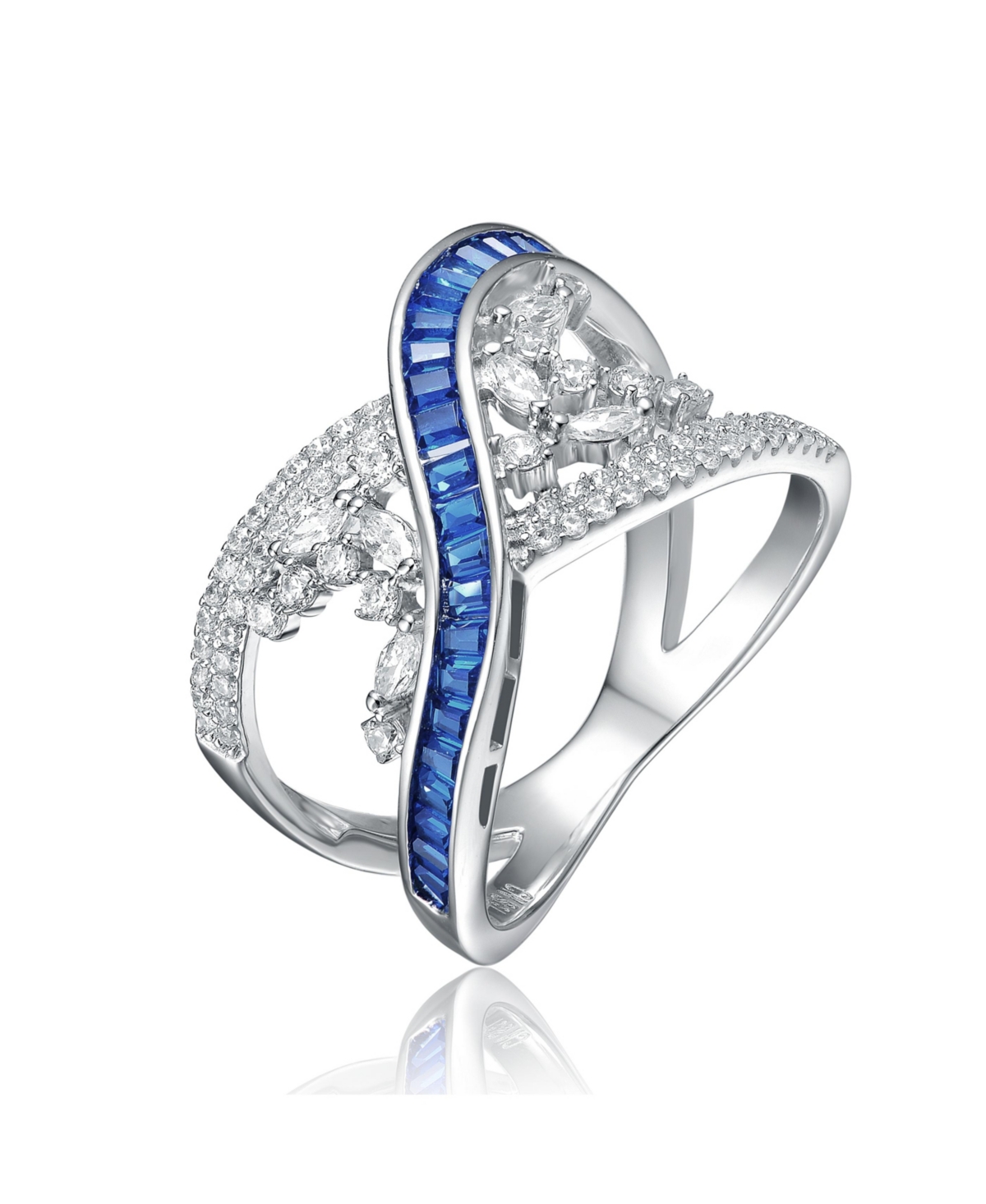 Sterling Silver Rhodium Plated with Sapphire Cubic Zirconia Criss-Cross Ring - Sapphire