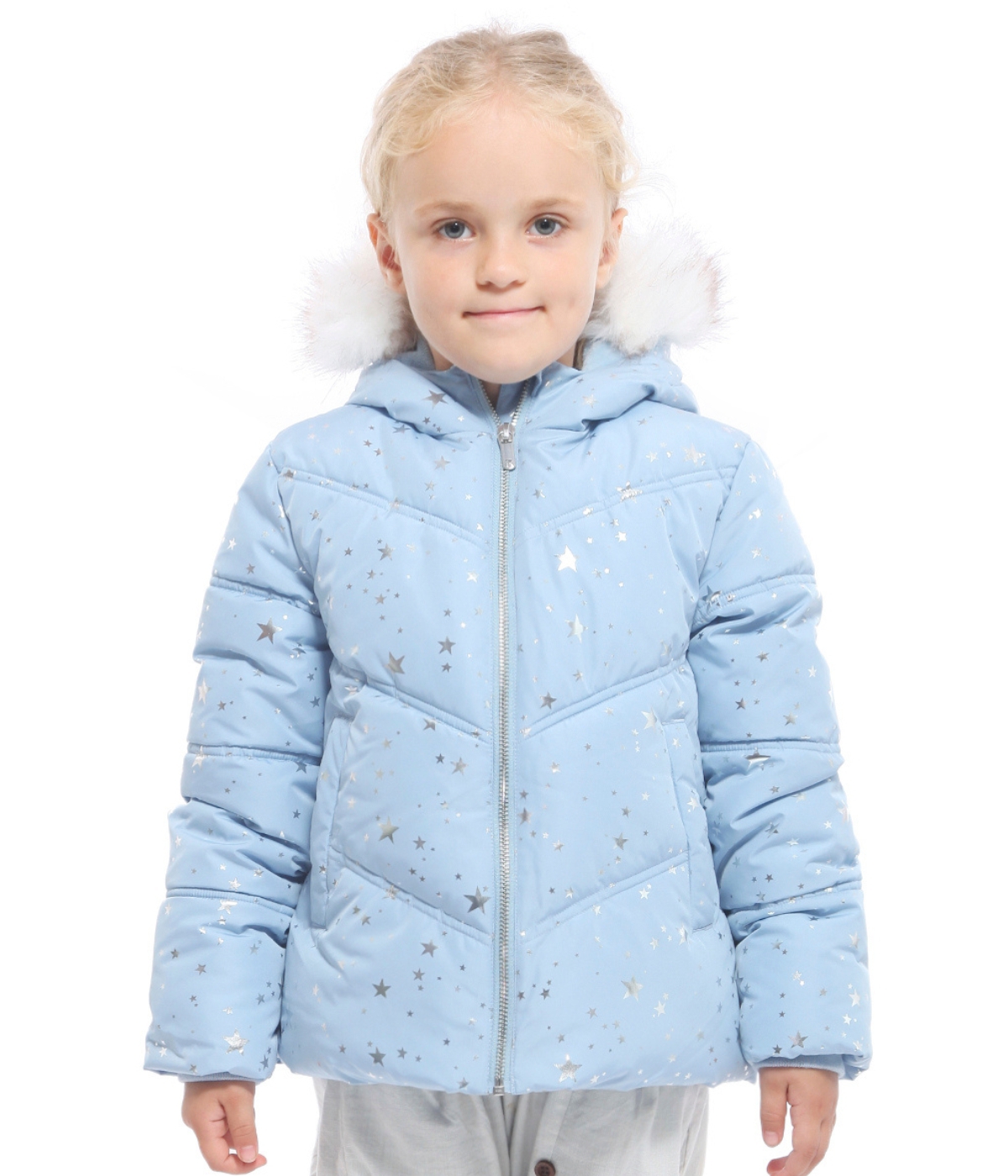 Rokka&Rolla Girls Heavyweight Puffer Jacket Bubble Coat - Blue Fog with Silver Star Print