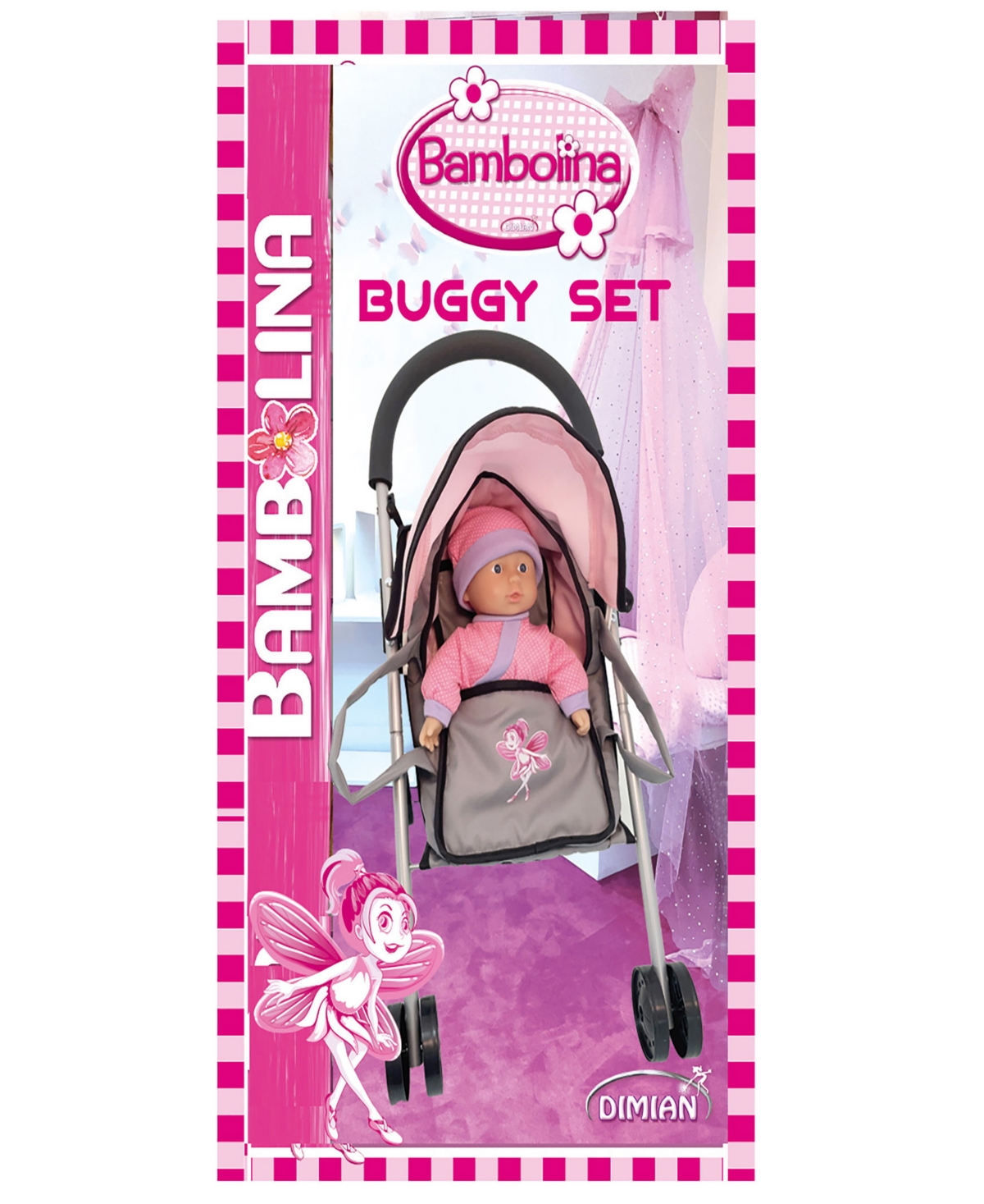 Dimian Bambolina Buggy Soft Doll Carrier Cot Kids Pretend Play 2 Piece Set In Multi