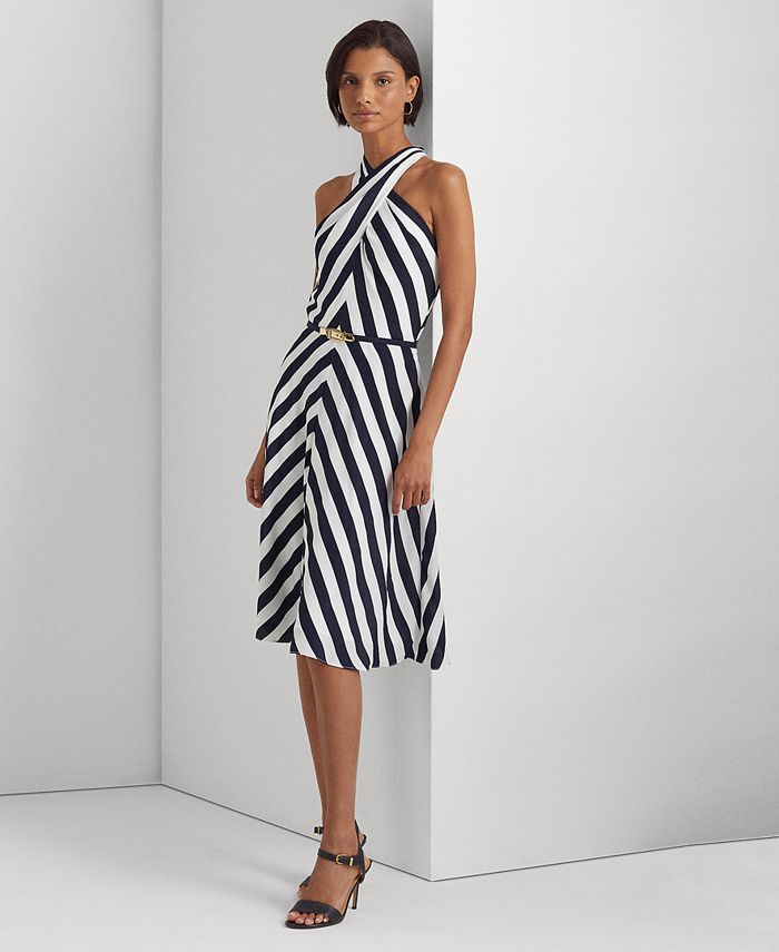 Ralph Lauren Women's Striped Front Tie Crepe Dress White Size 12