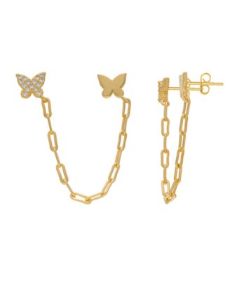Cubic Zirconia Double Butterfly Chain Dangling Earrings