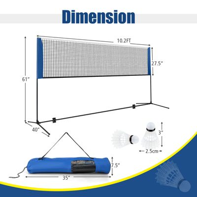 10FT Adjustable Badminton Net Set W/2 Shuttlecocks Portable Carry Bag