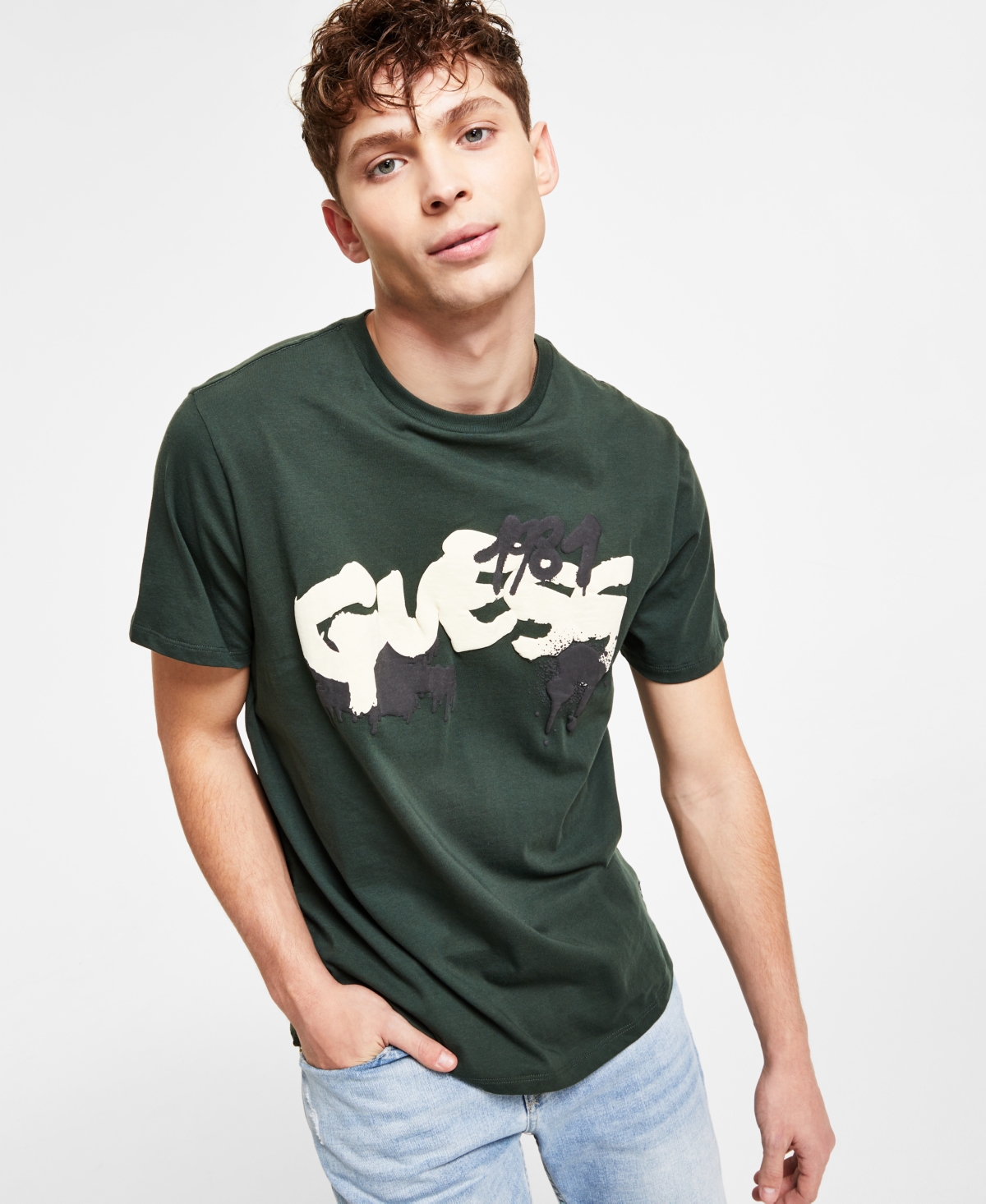 Guess Men's Eco Raised Graffiti Logo Print T-shirt In Jungle Greens
