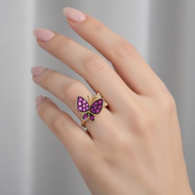 14k Gold Plated Sterling Silver with Red &  Cubic Zirconia Double Butterfly Stacking Ring