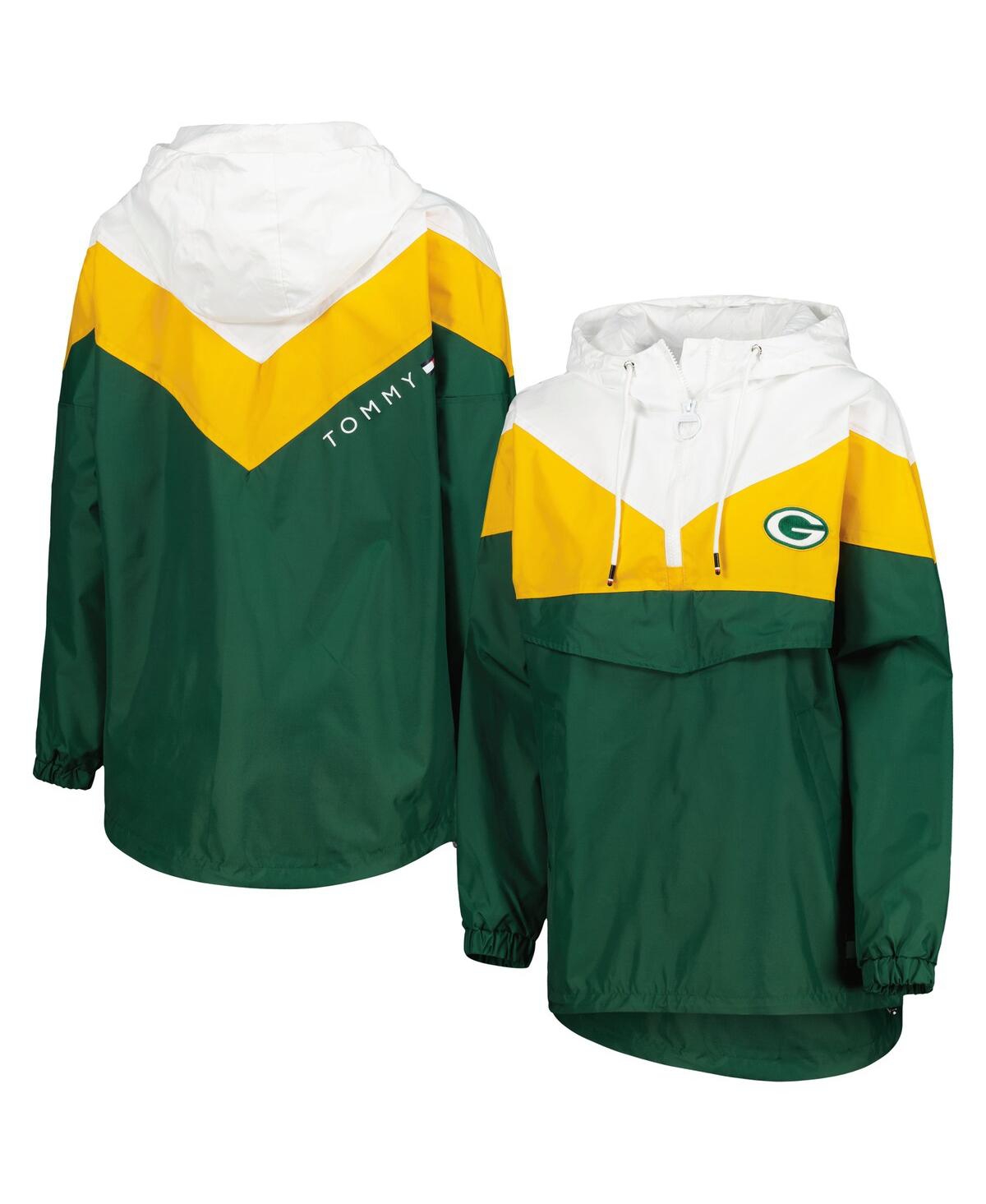 Tommy Hilfiger Women's  White, Gold Green Bay Packers Staci Half-zip Hoodie Windbreaker Jacket In White,gold