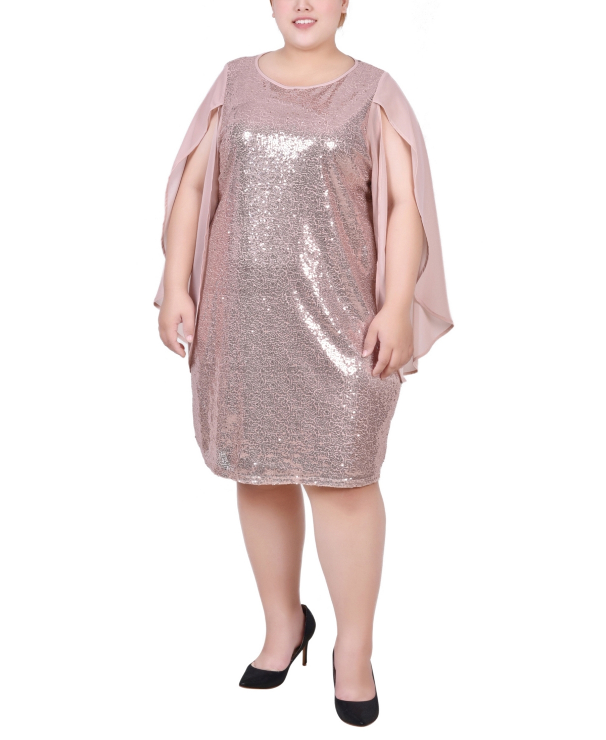 NY COLLECTION PLUS SIZE LONG OPEN FLUTTER SLEEVE SEQUINED DRESS