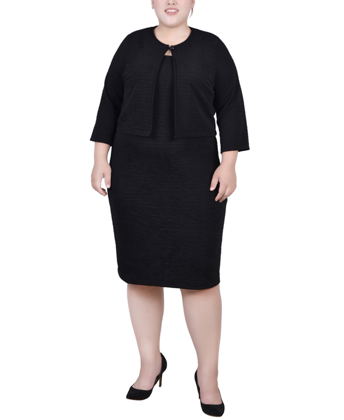 Plus Size Textured 3/4 Sleeve Two Piece Dress Set - Black Beauty