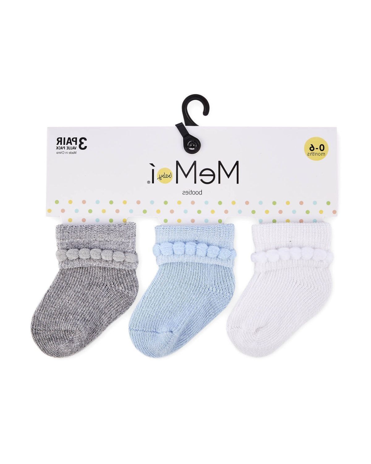 MeMoi Baby Girls 3 Pairs Baby Bootie Cotton Blend Socks - White-Light Blue-Light Gray Heather