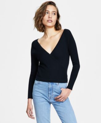 DKNY Jeans Women's Surplice-Neck Ribbed Long-Sleeve Top Macy's