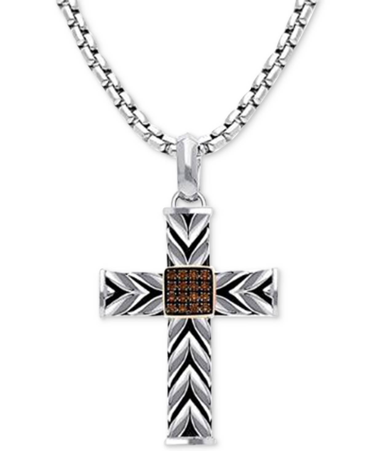 Chocolatier Men's Chocolate Diamond Textured Cross 22" Pendant Necklace (1/8 ct. t.w.) in Sterling Silver & 14k Rose Gold-Plate - Silver