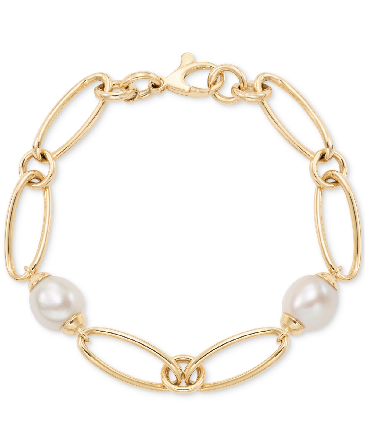 Macy's Cultured Freshwater Pearl (9-3/4 X 10-3/4mm) Oval Link Bracelet In 14k Gold-plated Sterling Silver In Gold Over Sterling Silver