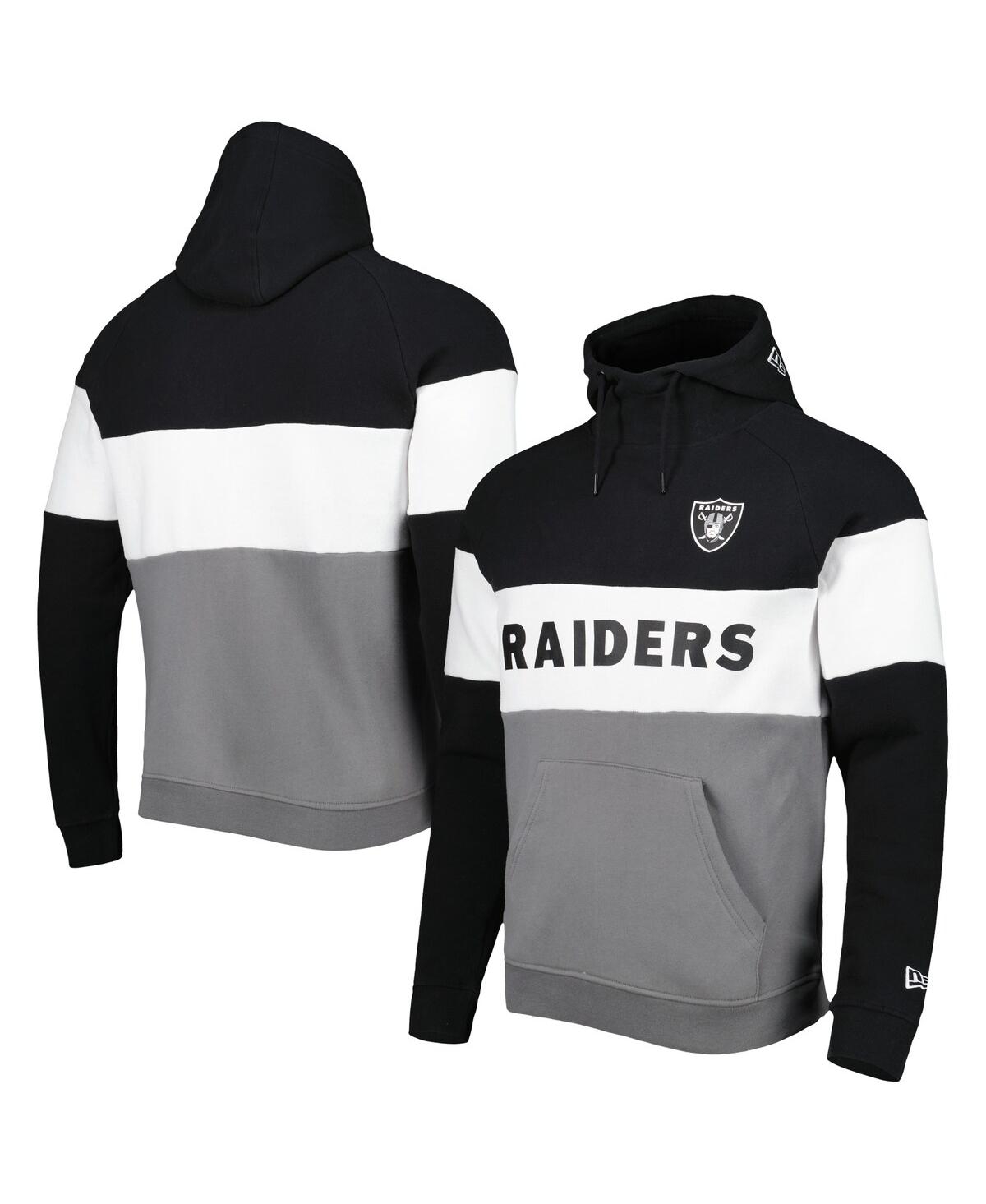 New Era Men's  Silver And Black Las Vegas Raiders Colorblock Current Pullover Hoodie In Silver,black