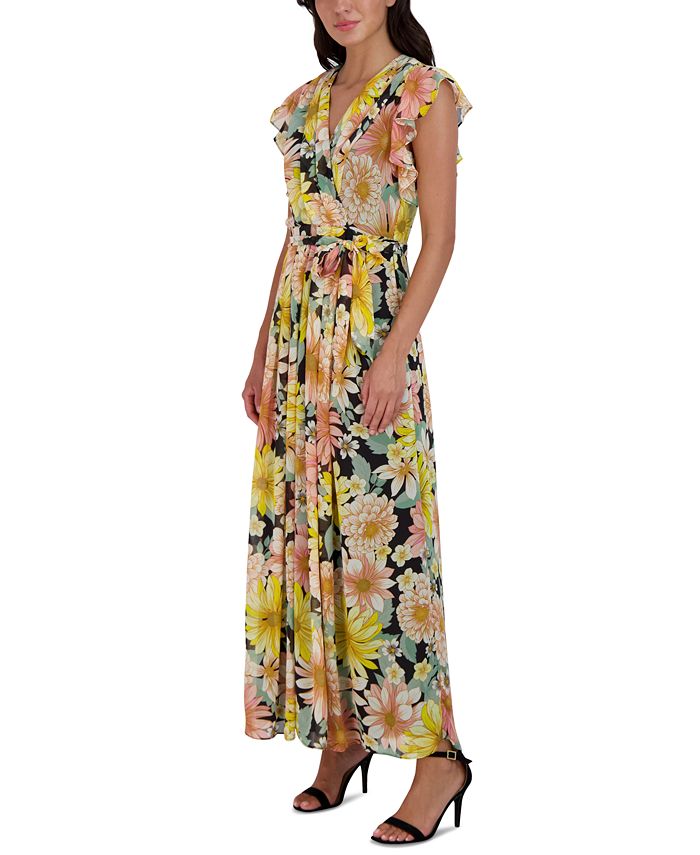 Donna Ricco Flutter-Sleeve Printed Chiffon Maxi Dress - Macy's