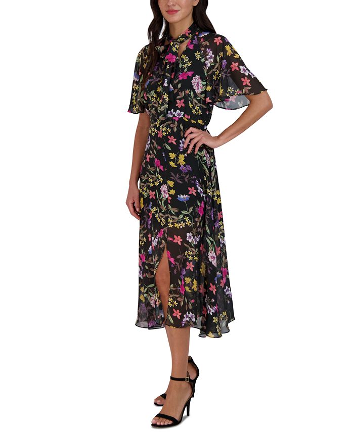 julia jordan Women's Floral-Print Tie-Neck Midi Dress - Macy's