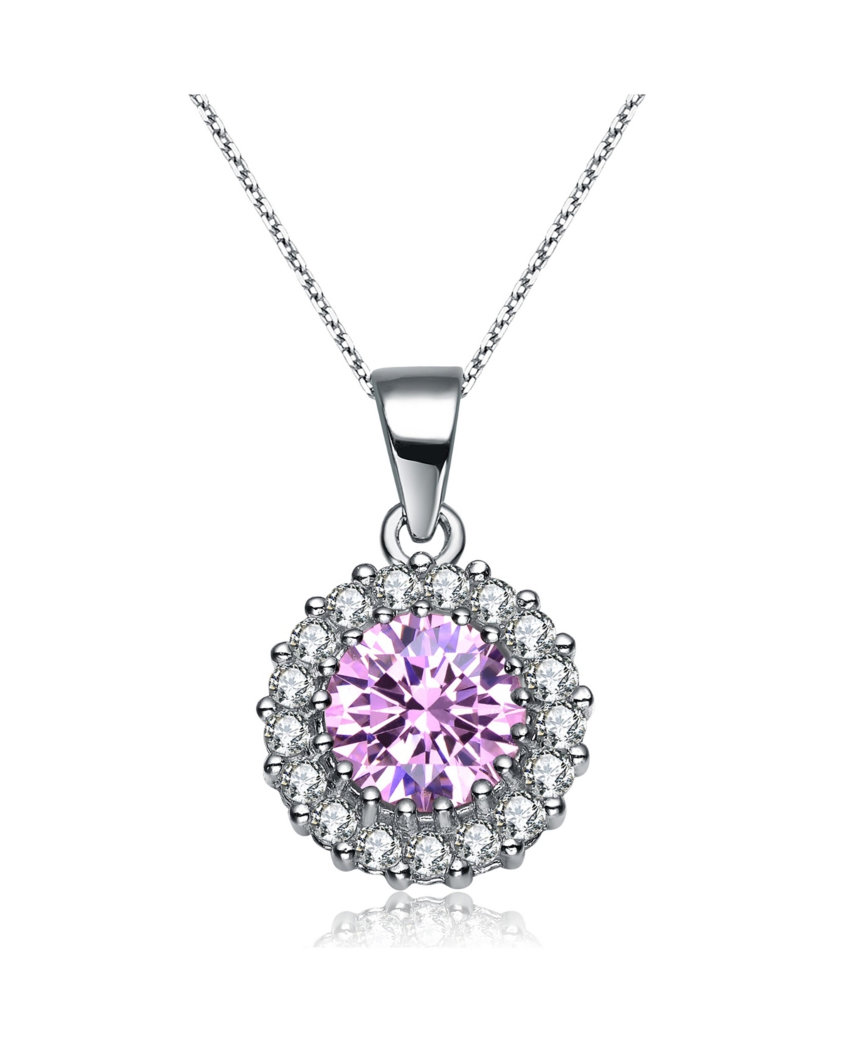 Sterling Silver Cubic Zirconia and Light Purple Glass Round Necklace - Amethyst