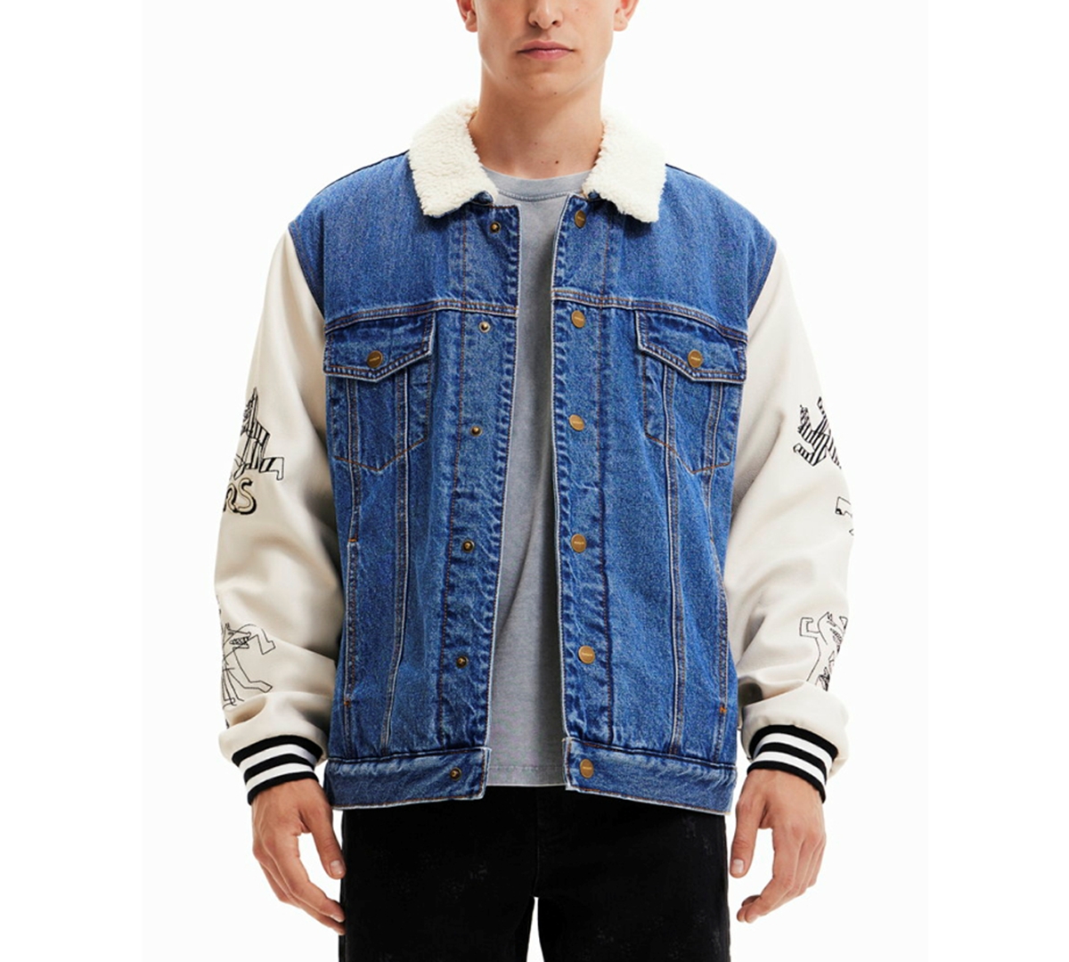 Desigual Men's Relaxed-Fit Denim Jacket With Varsity-Style Sleeves