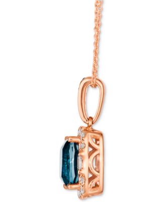 Chocolatier&reg; Deep Sea Blue Topaz (2-1/4 ct. t.w.) & Diamond (1/3 ct. t.w.) Halo Pendant Necklace in 14k Rose Gold, 18" + 2" extender