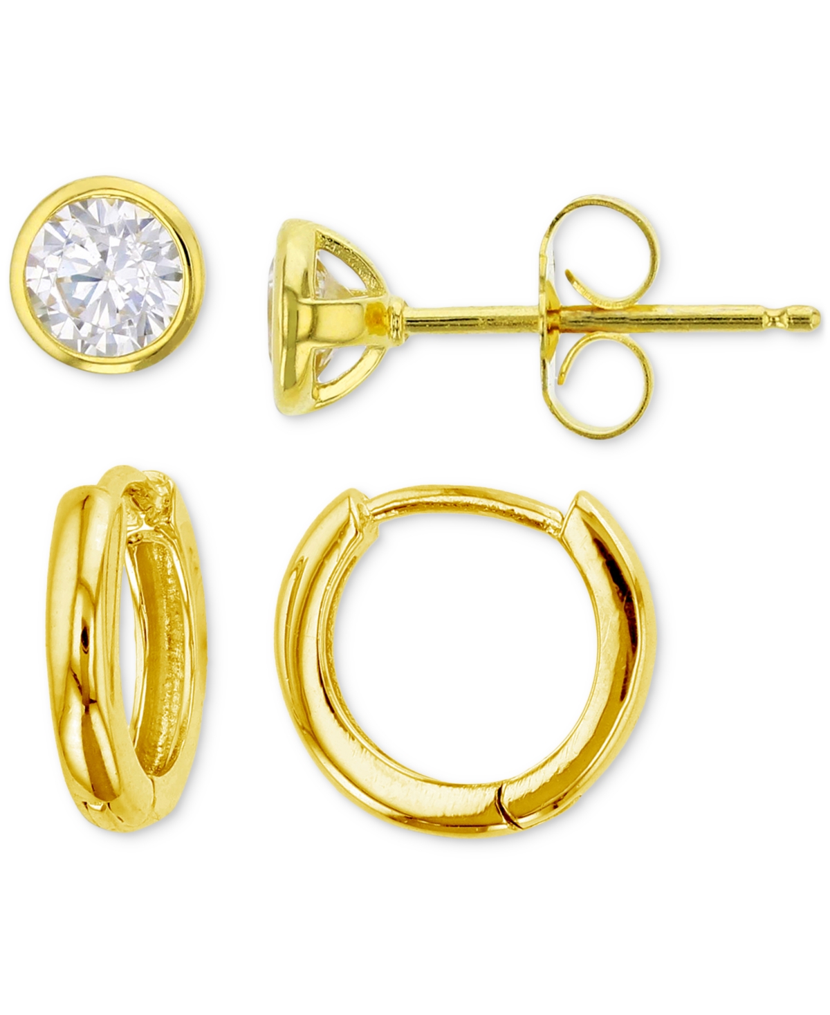 Macy's 2-pc. Set Cubic Zirconia Stud & Polished Small Hoop Earrings In Gold Over Silver
