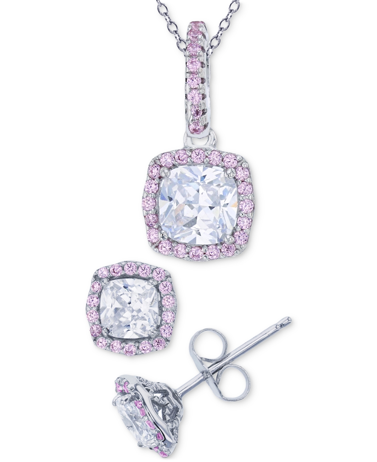 Macy's 2-pc. Set White & Pink Cubic Zirconia Square Halo Pendant Necklace & Matching Stud Earrings In Sterl