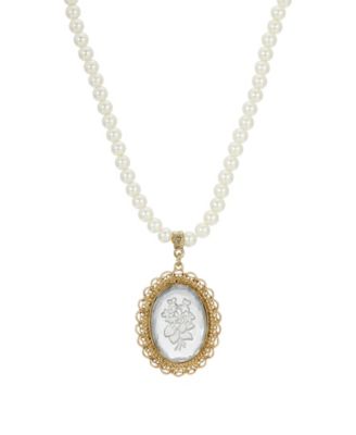 14K Gold-tone Clear Oval Intaglio Imitation Pearl Strand Necklace