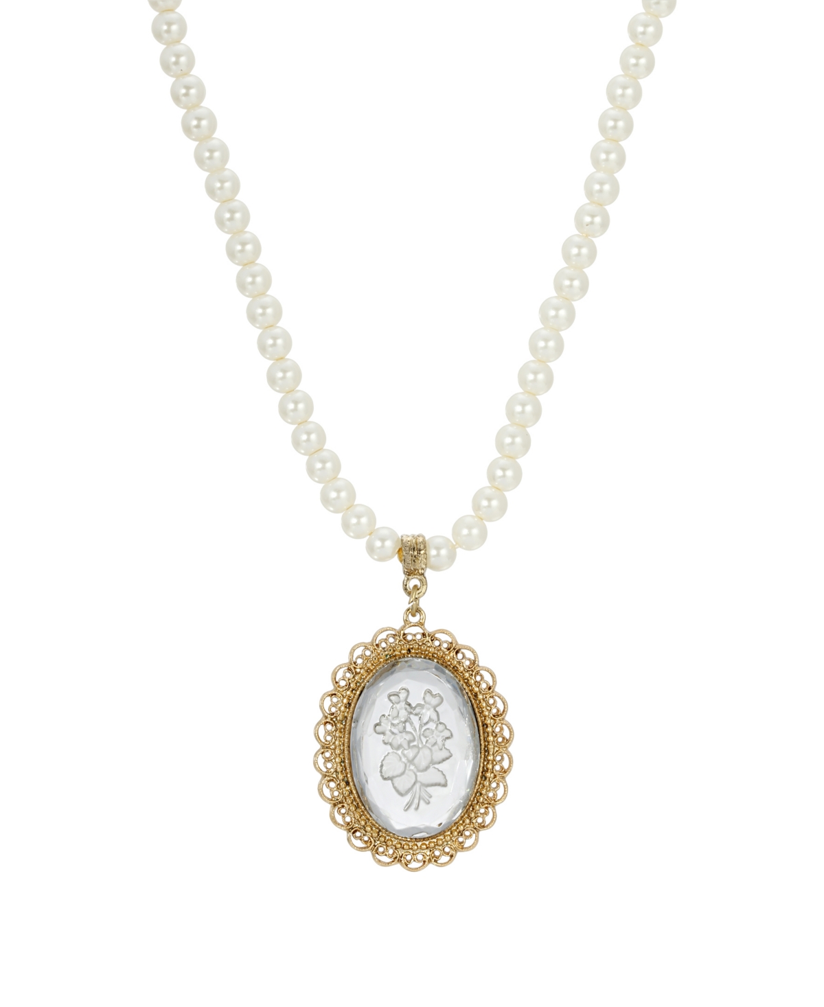 14K Gold-tone Clear Oval Intaglio Imitation Pearl Strand Necklace - White